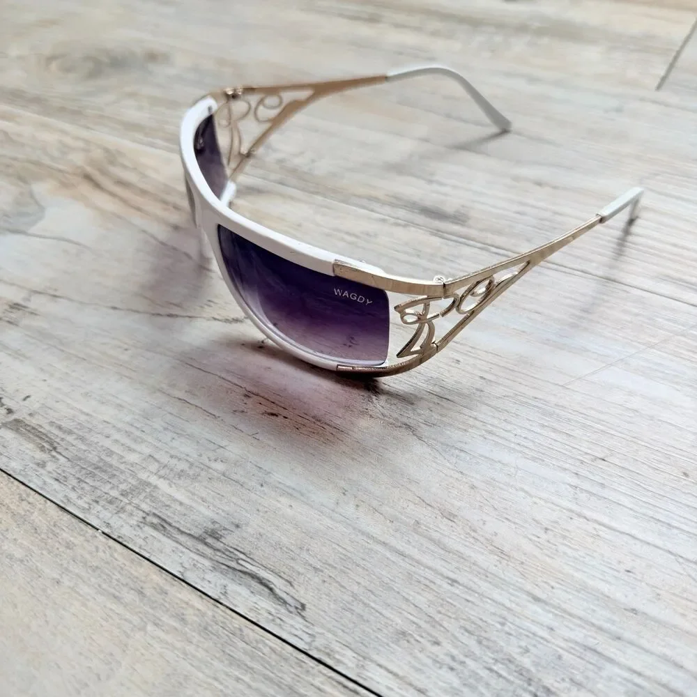 Y2K White Shield Sunglasses Rimless Silver Filigree Wraparound Futuristic WAGDY